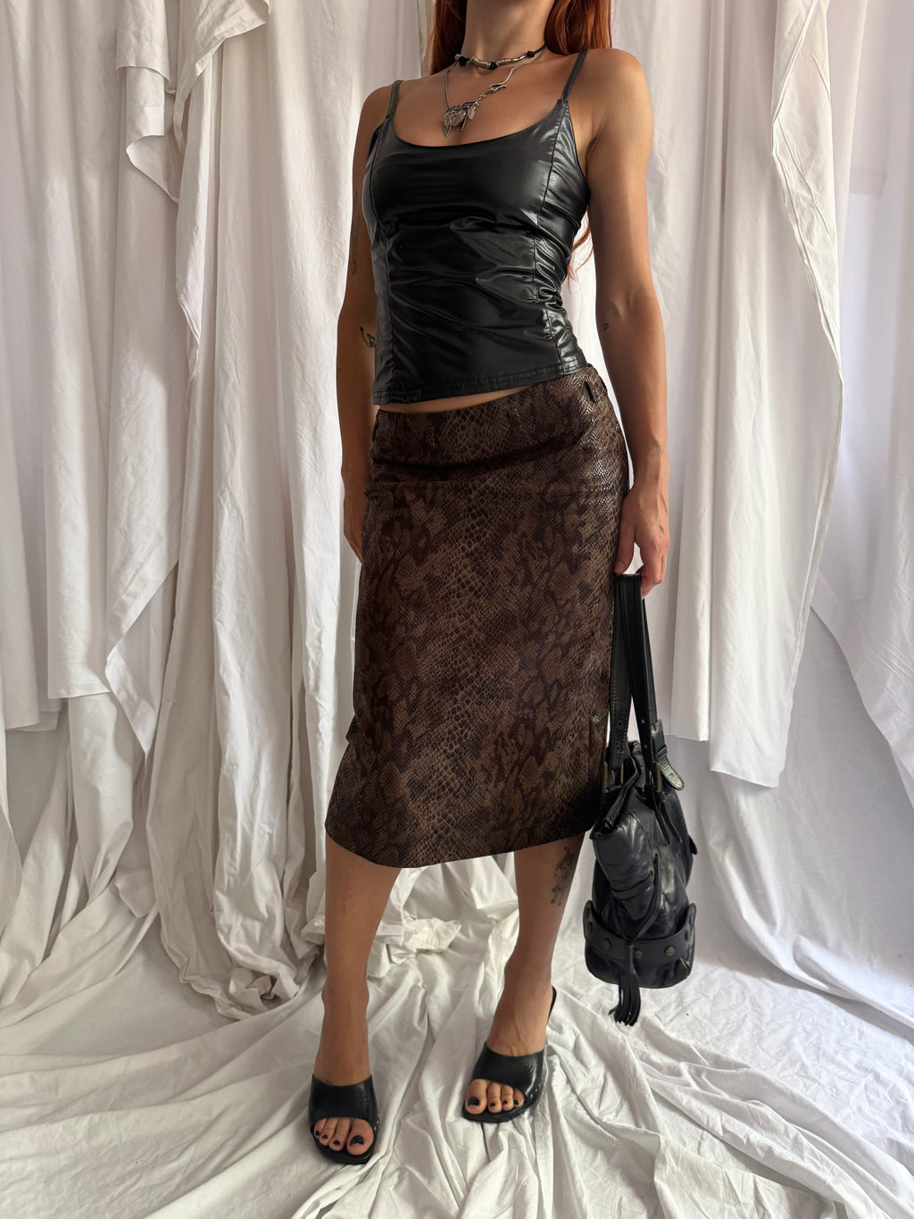 BROWN SNAKESKIN PRINT MIDI SKIRT