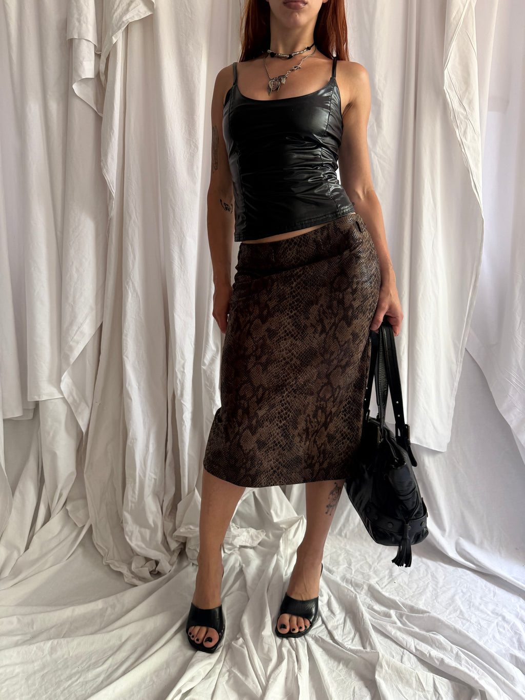 BROWN SNAKESKIN PRINT MIDI SKIRT