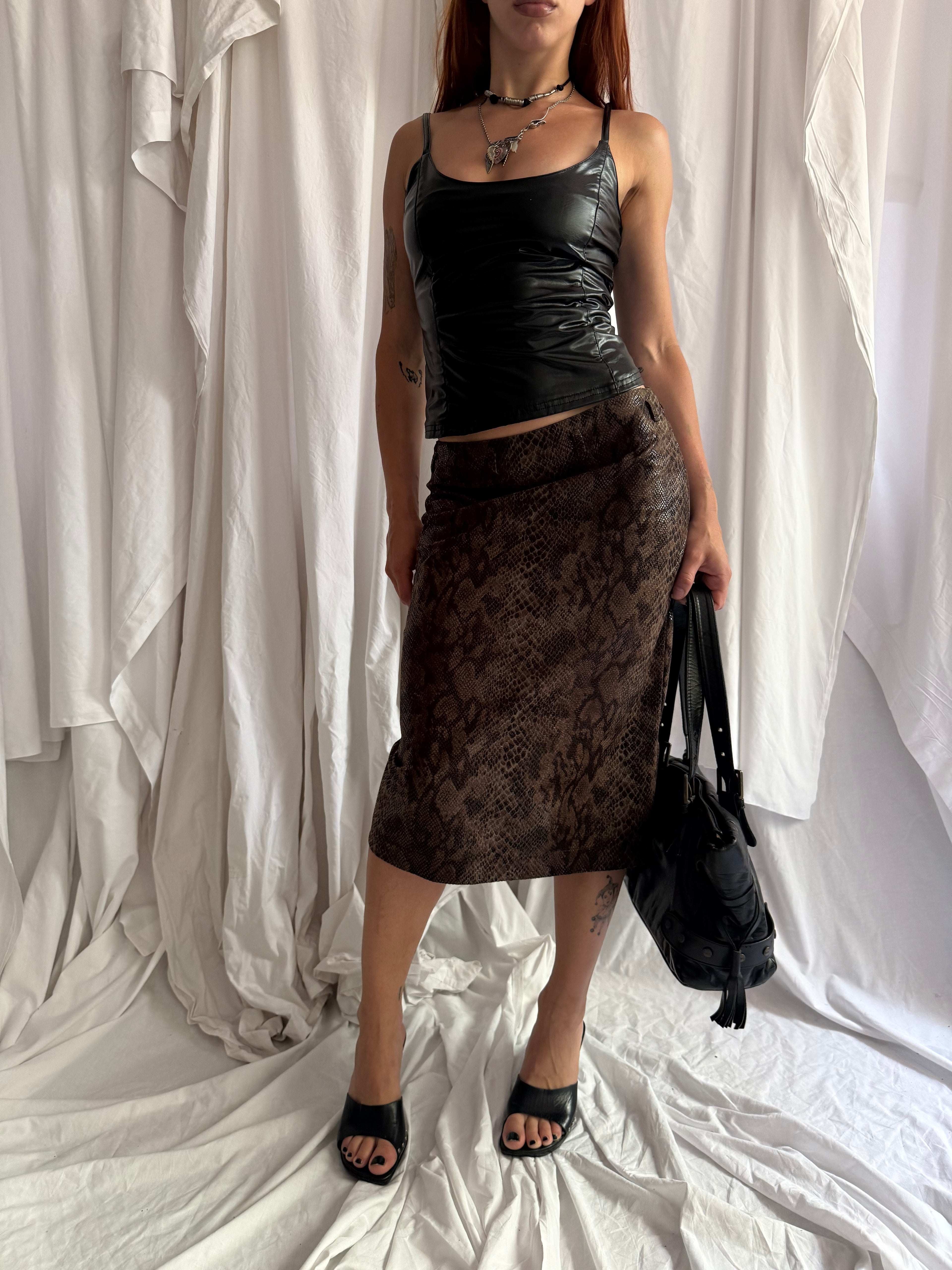 BROWN SNAKESKIN PRINT MIDI SKIRT