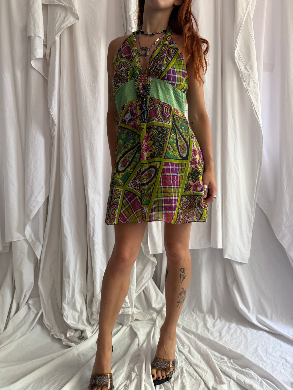 GREEN PAISLEY PATCHWORK HALTERNECK MINI DRESS