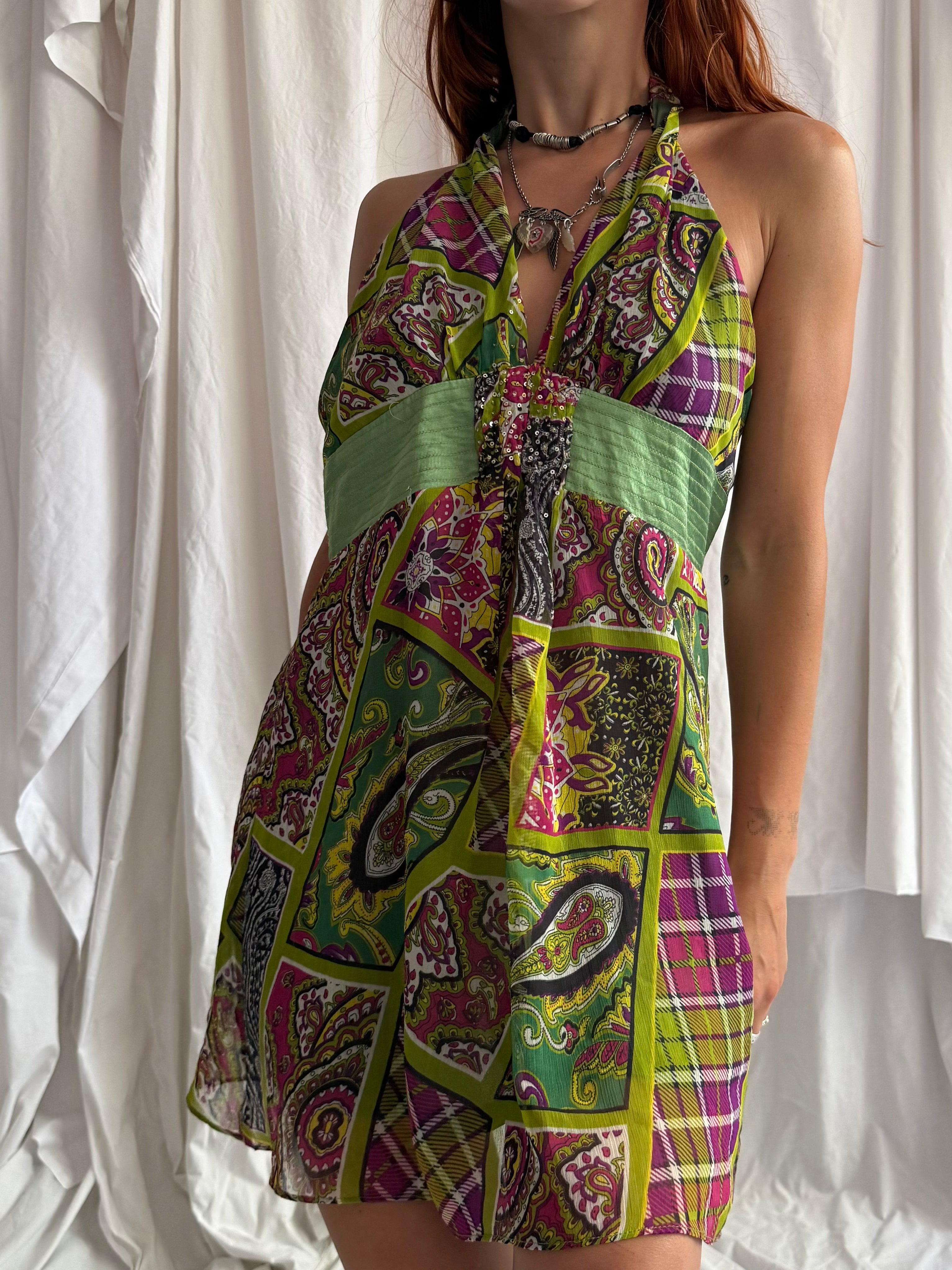 GREEN PAISLEY PATCHWORK HALTERNECK MINI DRESS