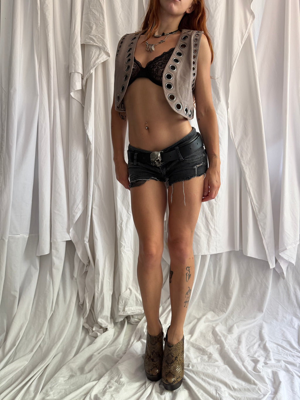 TAUPE LEATHER EYELET VEST