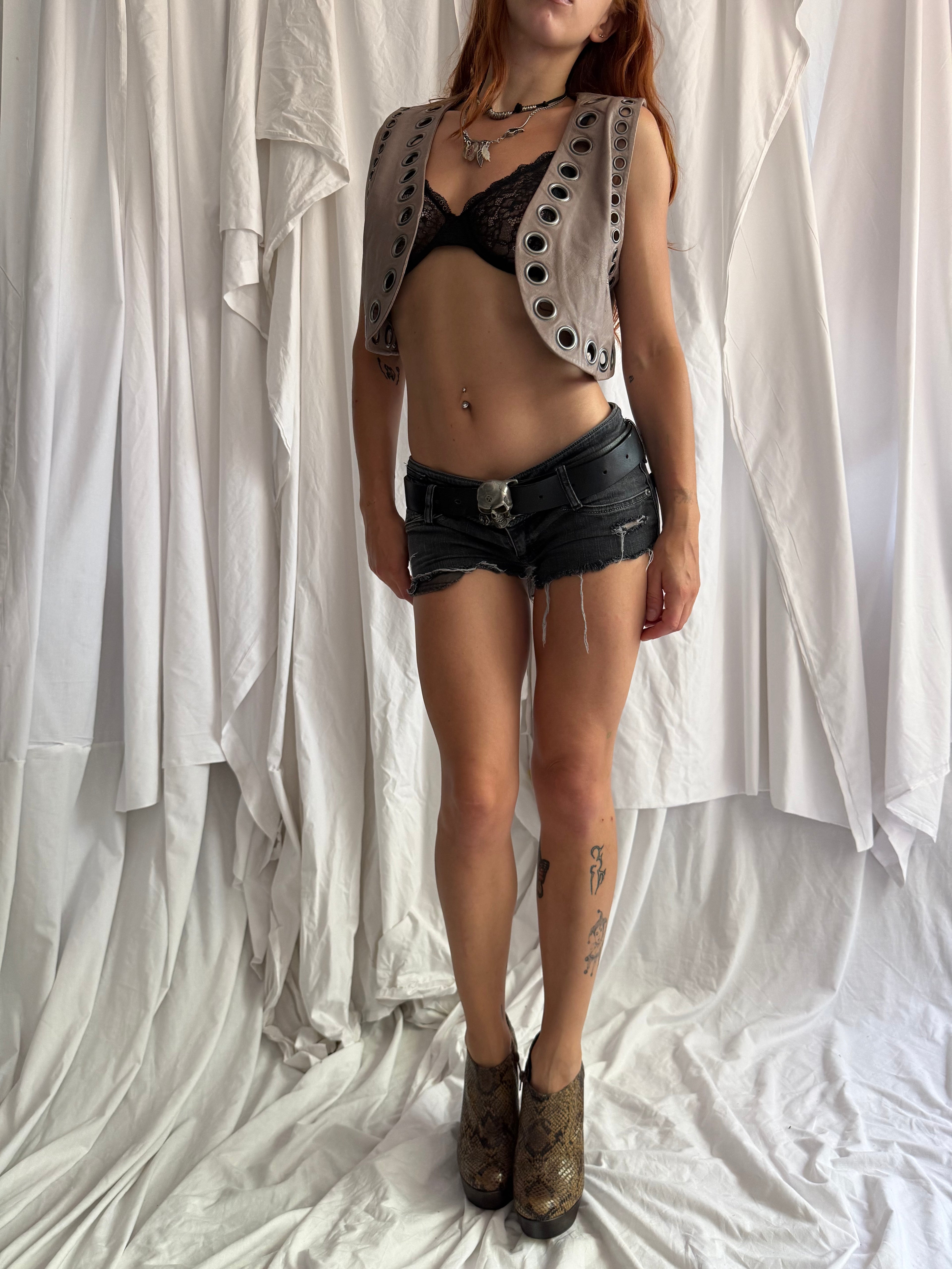 TAUPE LEATHER EYELET VEST