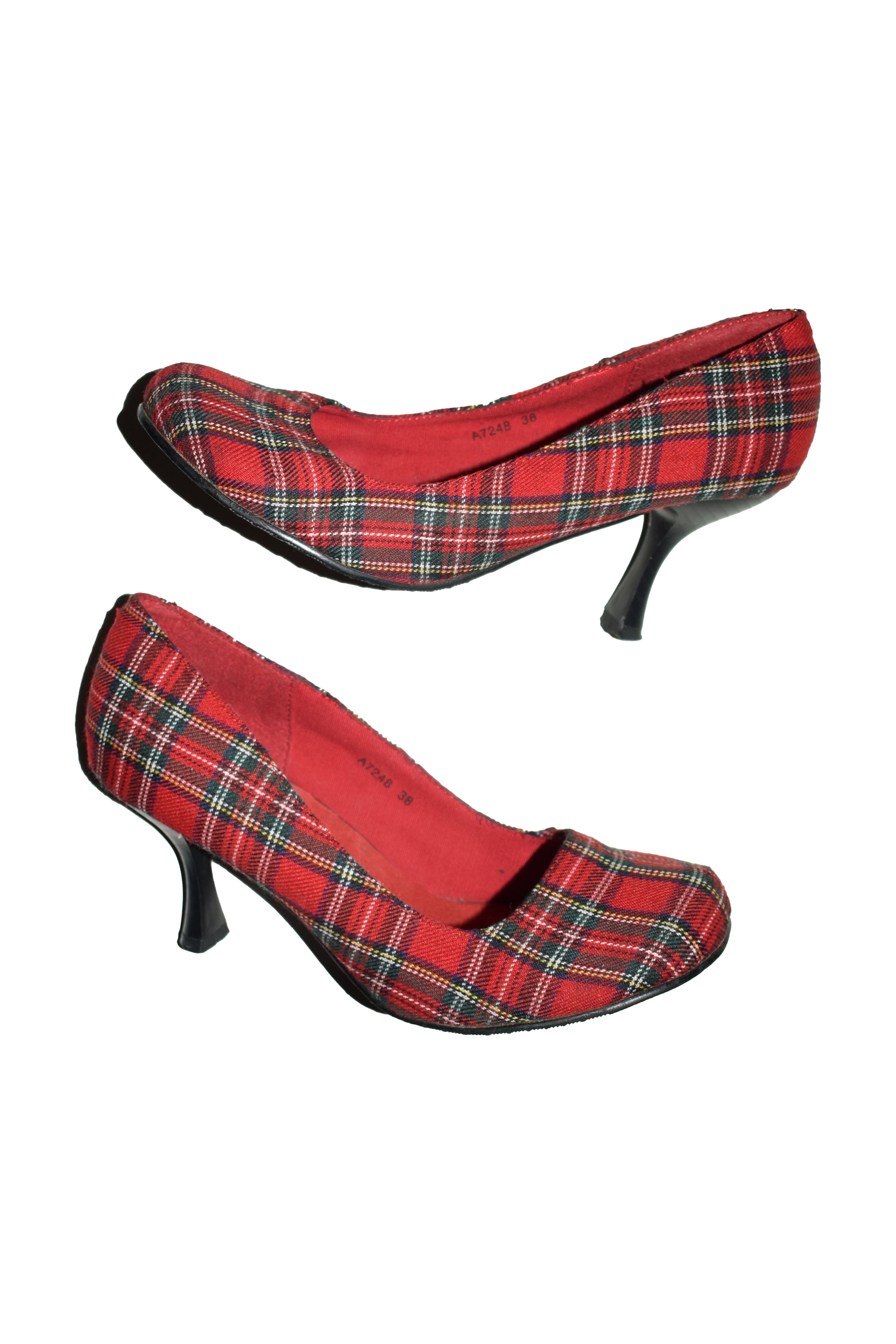 RED ROUND TOE TARTAN PUMPS